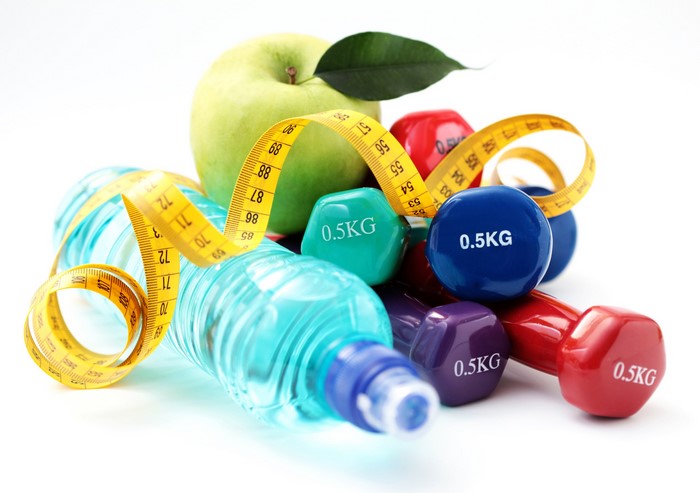 Fitness equipment with apple and water bottle