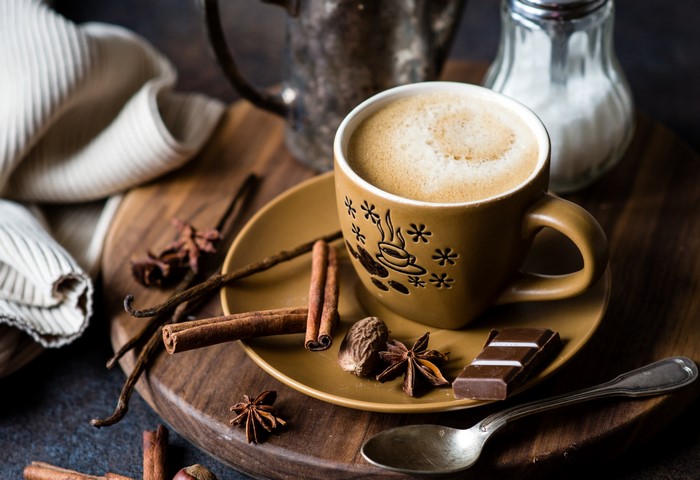 Coffee with cinnamon, star anise, and chocolate