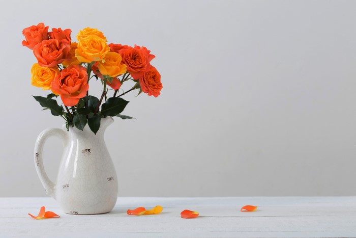 Orange and yellow roses in a white jug with petals