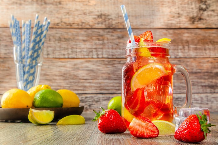 Strawberry and Citrus Fruit Infused Drink in a Jar