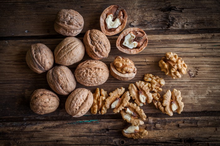 Walnuts on a wooden table