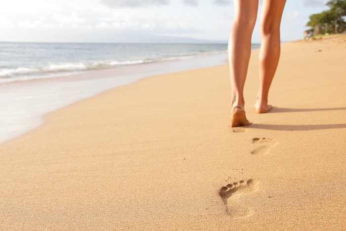 Legs walking on a sandy beach with footprints