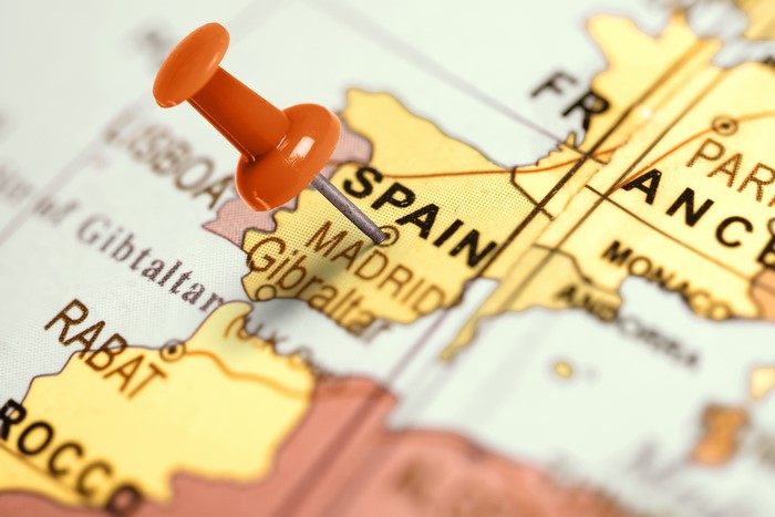 Map of Spain with a pushpin in Madrid