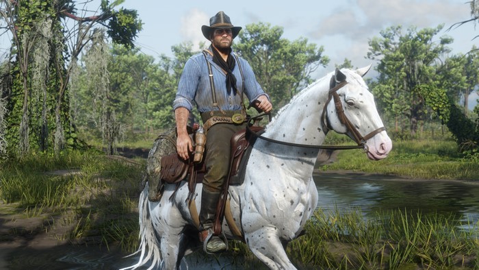 Arthur Morgan from Red Dead Redemption 2 on a white horse