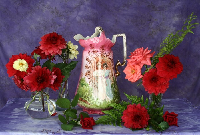 Still life with dahlias, roses, and a painted jug