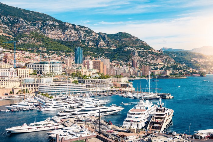 Monaco Monte Carlo Marina with Yachts and Mountains