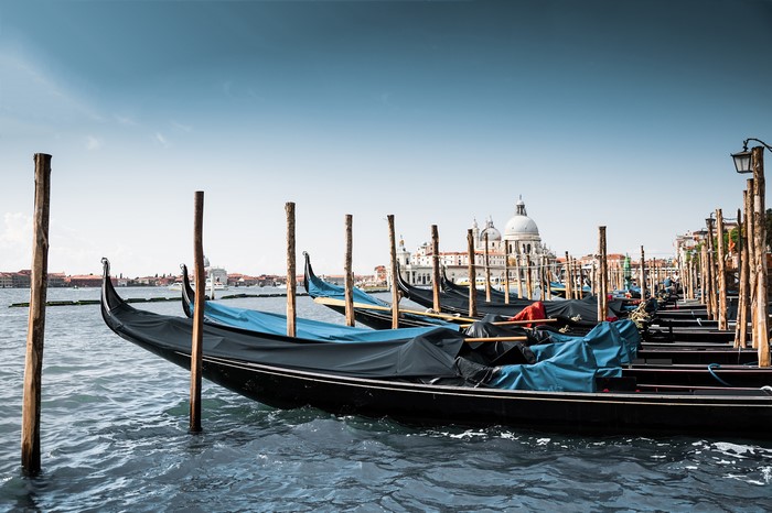Gondolas docked in Venice, Italy