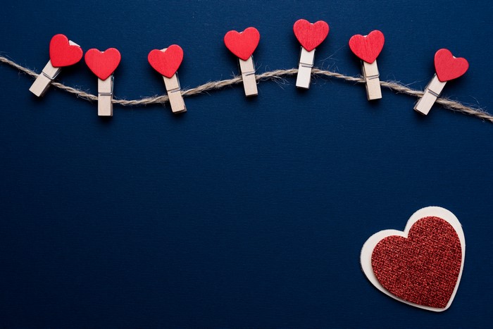 Valentine's Day hearts on a clothesline