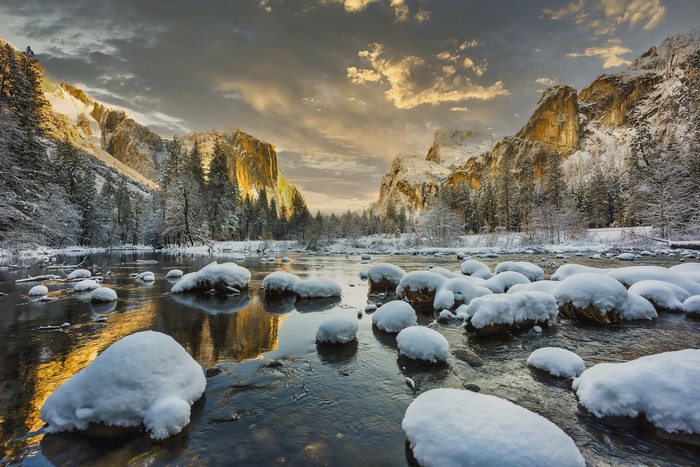 Yosemite National Park in Winter with Mountains and River