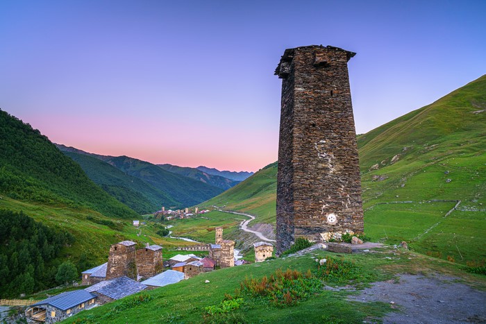 Stone towers in Ushguli, Upper Svaneti, Georgia at dusk