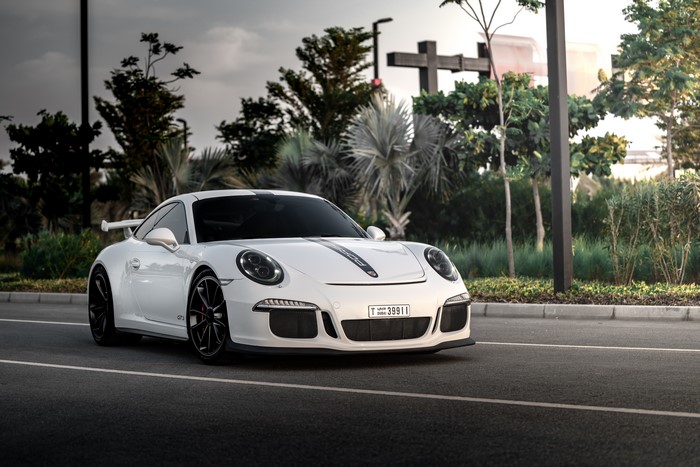 White Porsche GT3 911 on a Road