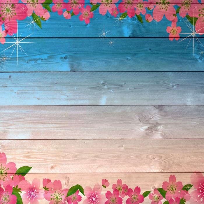 Cherry Blossoms on Blue and Wood Plank Background