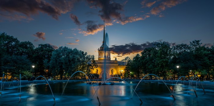 Alexander Garden Fountains at Dusk, St. Petersburg, Russia