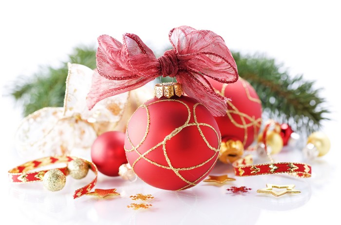 Christmas Ornaments with Red Bow and Pine Branches