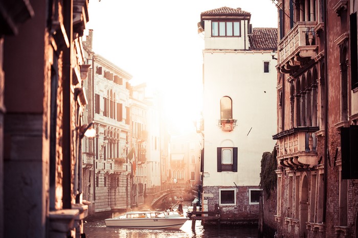 Motorboat on a canal in Venice, Italy
