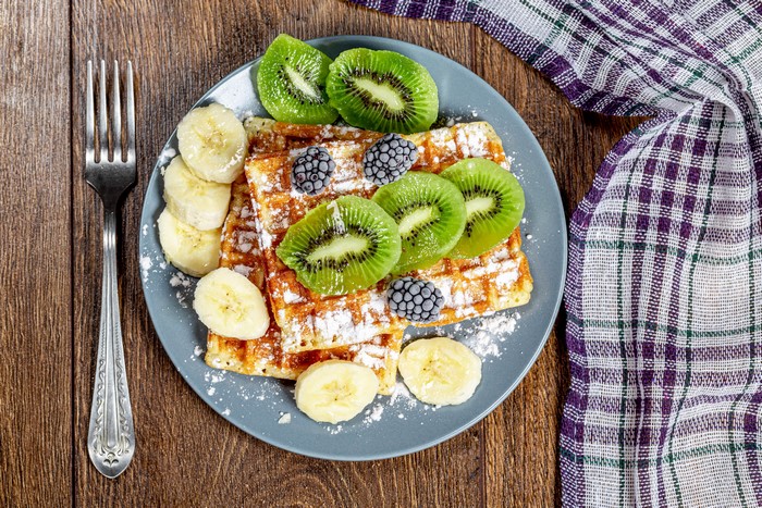 Waffles with Kiwi, Bananas, and Blackberries