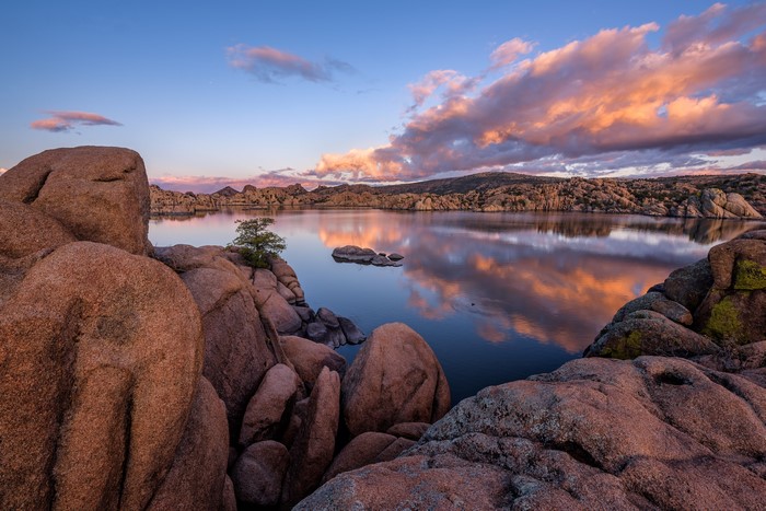 Sunset over Granite Dells Lake in Prescott, Arizona