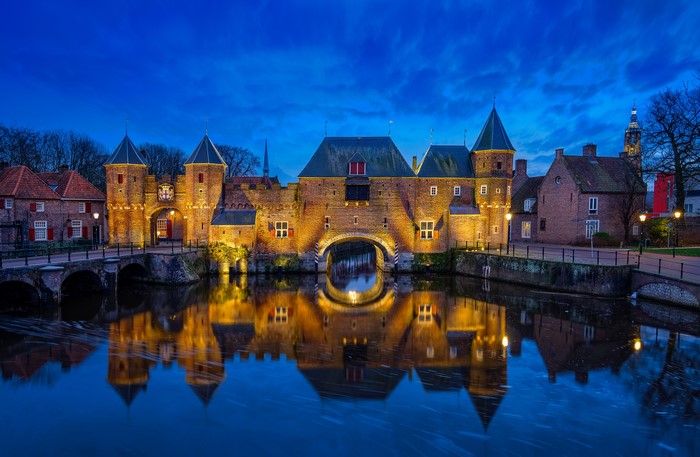 Koppelpoort gate and Eem River reflection in Amersfoort, Netherlands