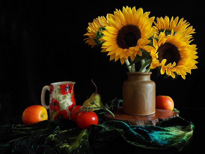Still-life with sunflowers, fruits, and jug