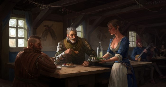 Geralt of Rivia from The Witcher 3 in a tavern