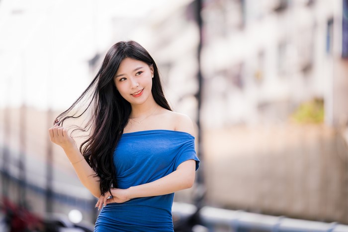 4K Asian Brunette Woman in Blue Dress
