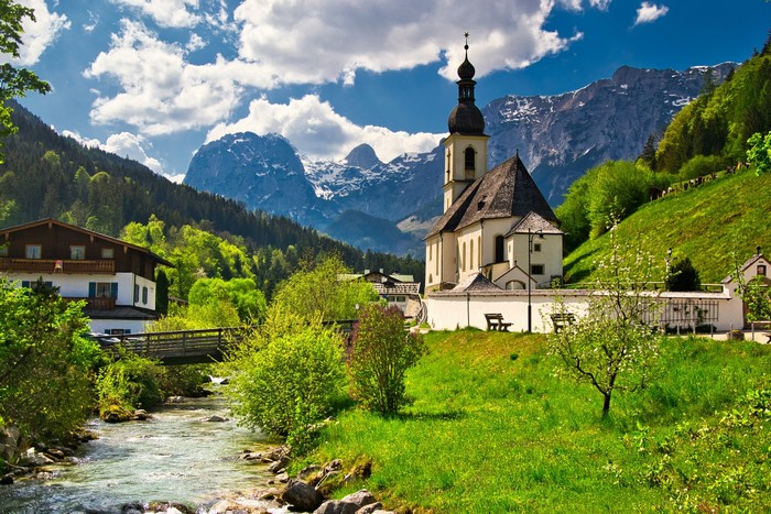 St Sebastian Church in Ramsau, Bavaria, Germany with Alps