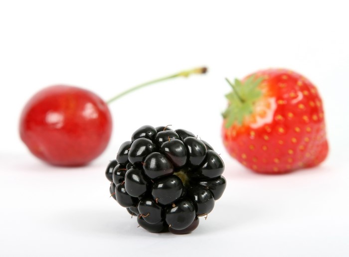 Blackberry, Cherry, and Strawberry on White Background