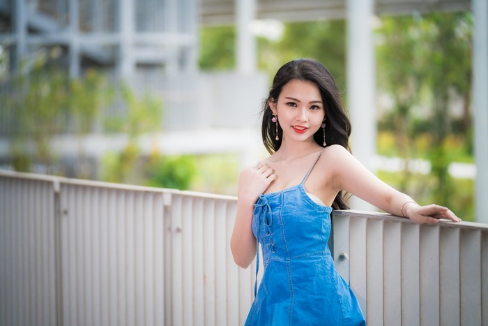 4K Beautiful Asian Brunette Girl in Blue Dress