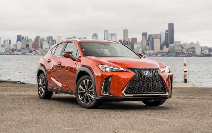 Orange Lexus UX200 Crossover with City Skyline