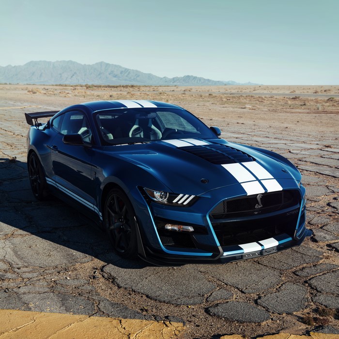 Blue Ford Mustang Shelby GT500 2019 with White Stripes