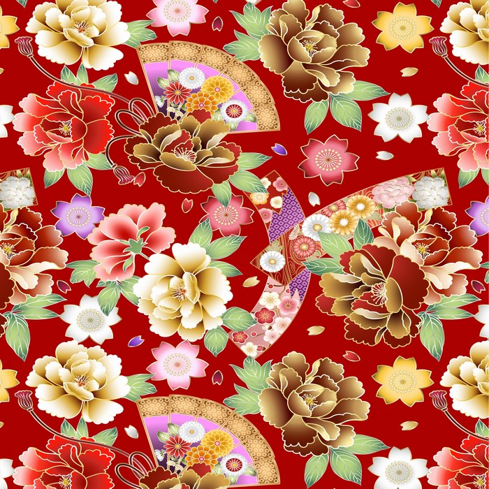 Japanese style floral pattern with fans on red background