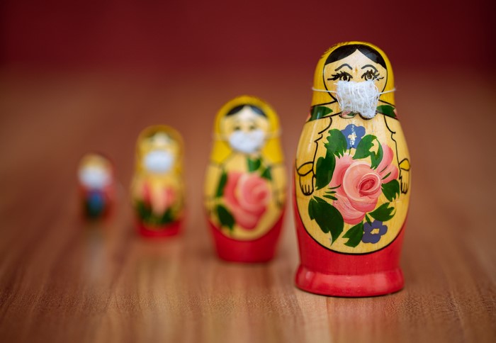 Matryoshka dolls wearing face masks