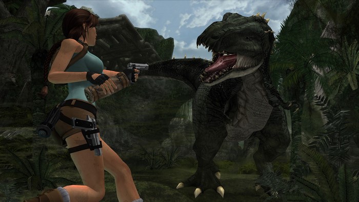 Lara Croft from Tomb Raider fighting a dinosaur