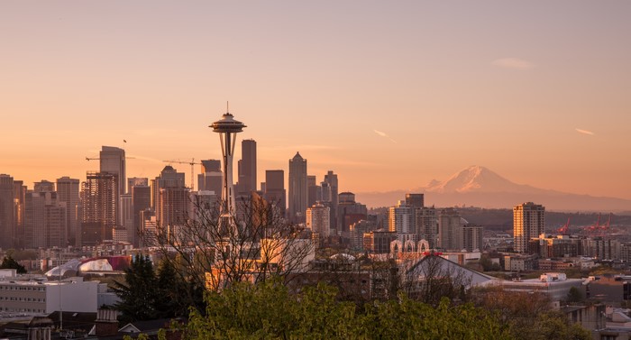 Seattle Skyline and Mount Rainier at Sunset