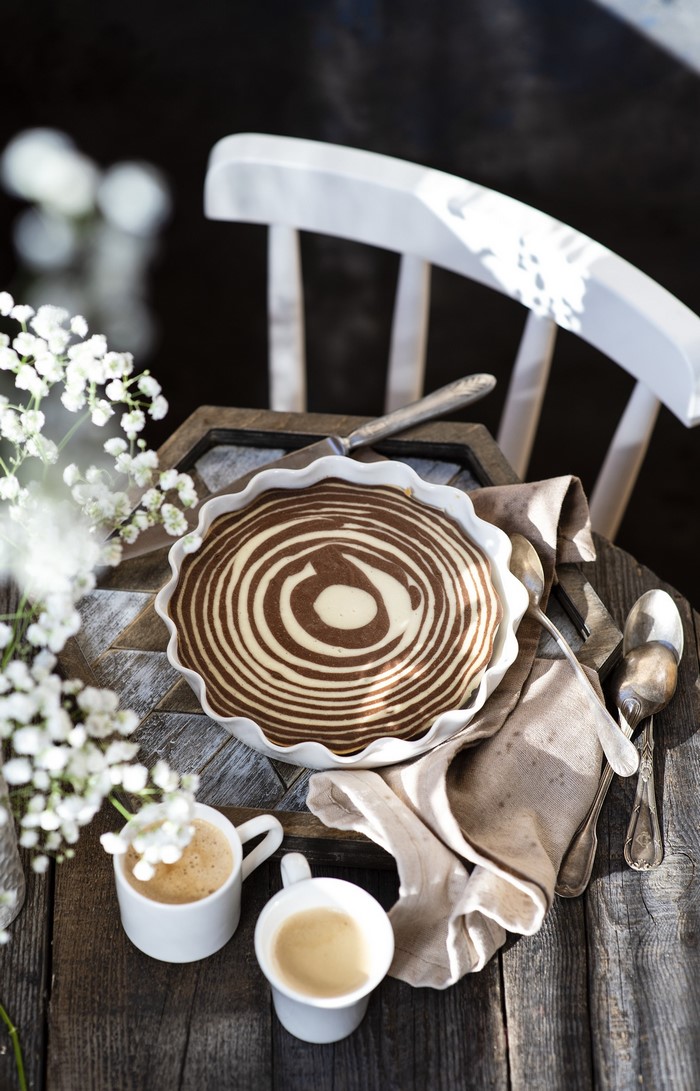 Zebra cake with coffee cups