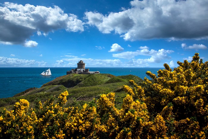 Fort La Latte, Brittany, France with Sailboat