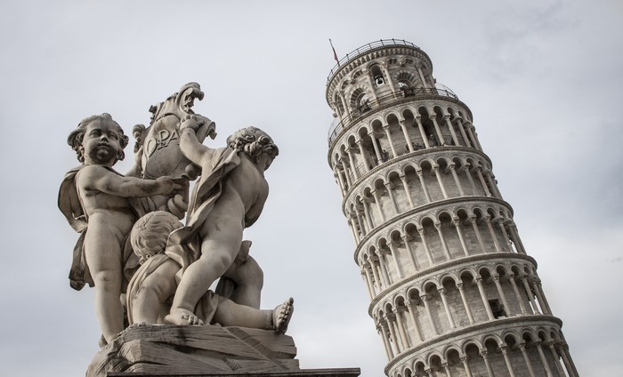 Sculptures and the Leaning Tower of Pisa in Italy