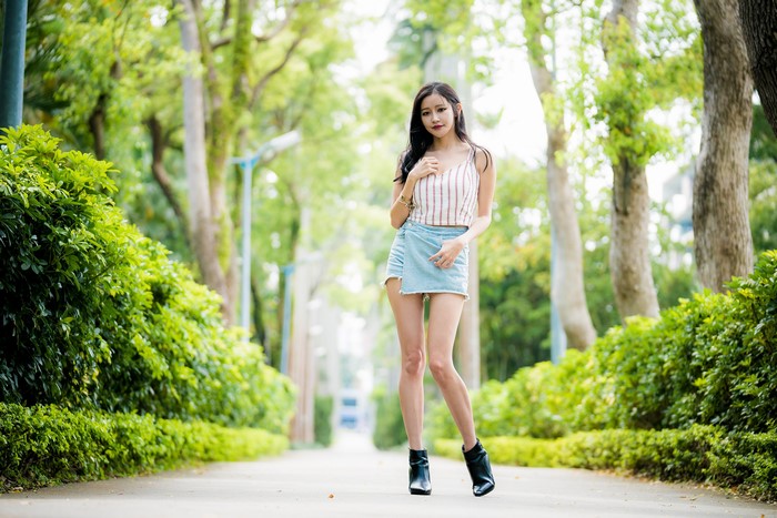4K Asian Woman in Denim Skirt and Singlet