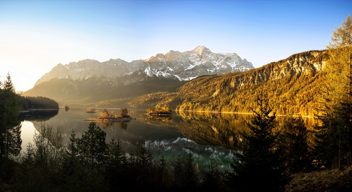 Eibsee Lake with Mountains and Forests in Bavaria, Germany