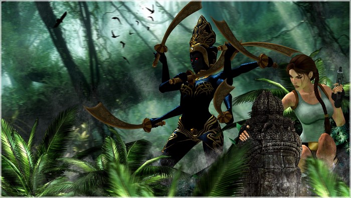 Lara Croft from Tomb Raider vs. a multi-armed deity
