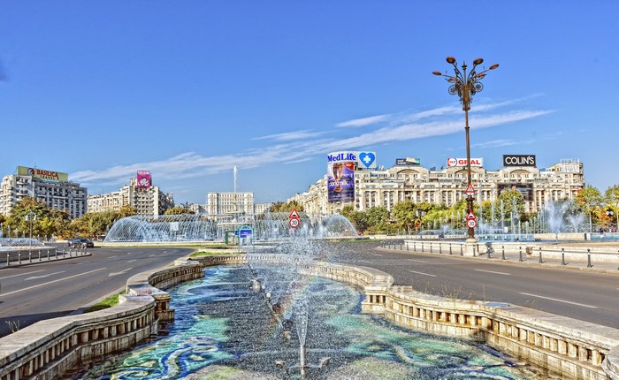 Bucharest Romania fountains and buildings