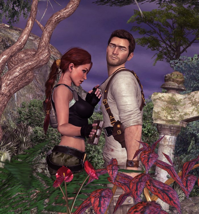 Lara Croft and Nathan Drake in a jungle