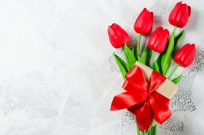 Red Tulips and Gift with Red Bow