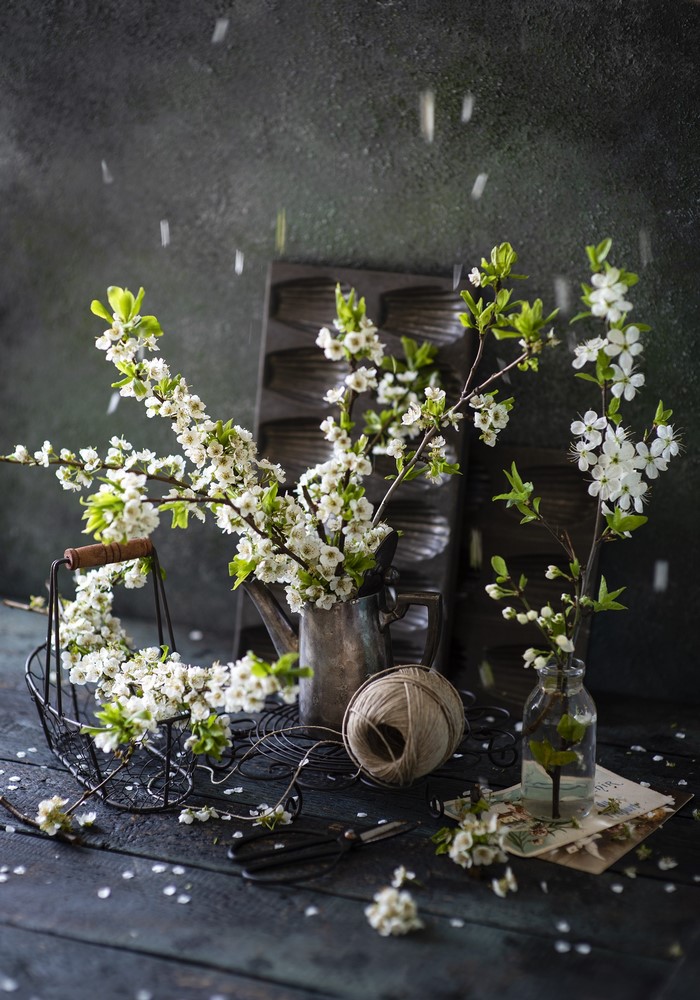 Still life with flowering branches and gardening tools