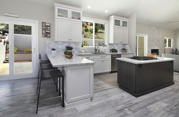 Kitchen with Island and Fireplace