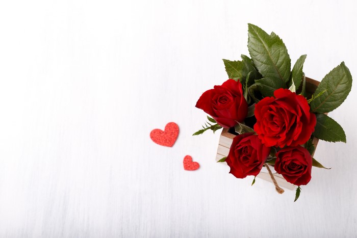 Red Roses in a Wooden Box with Hearts