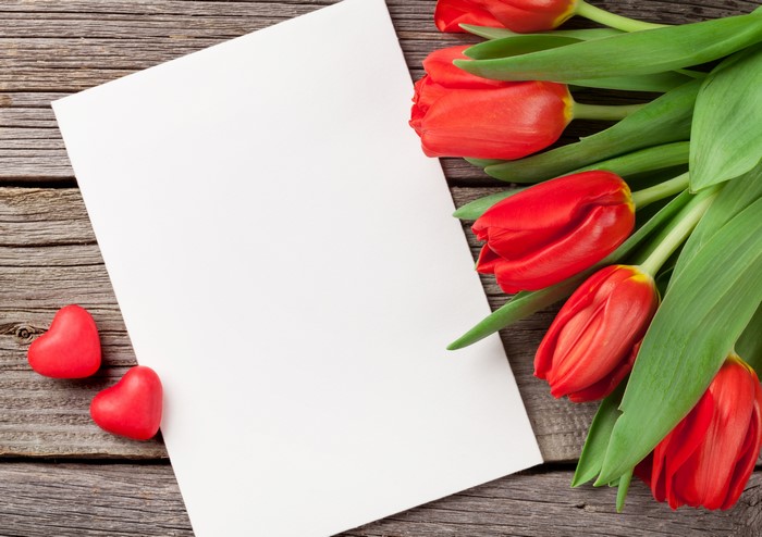Red Tulips and Blank Card on Wood
