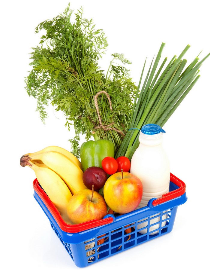 Grocery basket with fruits and vegetables