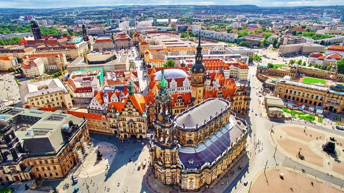 Aerial view of Dresden, Germany with Frauenkirche