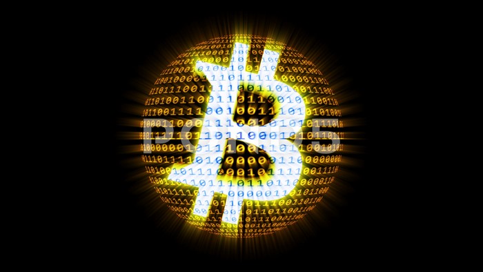 Bitcoin symbol made of binary code